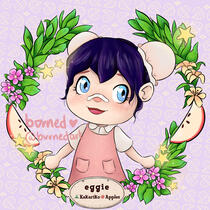 an animal crossing character with a pink pinafore and dark blue hair tied into maid buns. a wreath of leaves, pink flowers and apple slices surrounds her. a plaque at the bottom reads 'eggie, kakariko, apples', referring to the name, island name, and islan