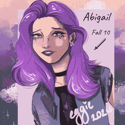 semi realistic drawing of Abigail from Stardew Valley. she has pale skin, purple eyes and long bright purple hair and is smiling awkwardly. 'Abigail, Fall 10' is written beside her, along with a little sword icon.