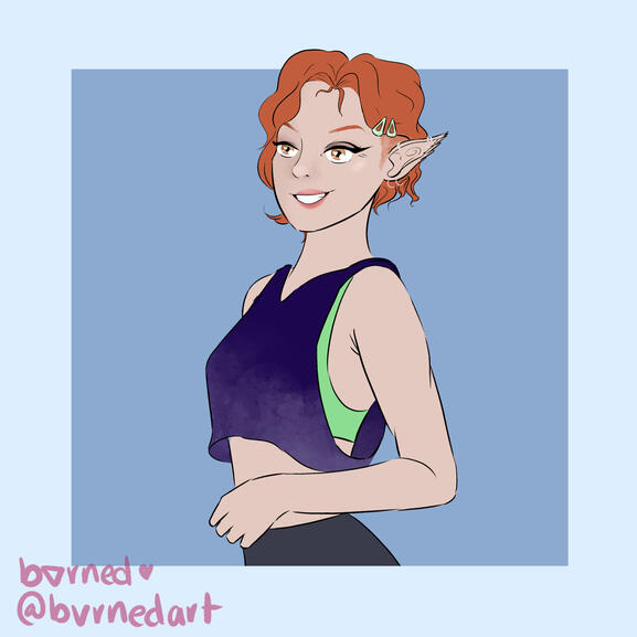 waist up drawing of a person with pale skin, long ears, and bright orange hair. they are thin, wearing a blue cropped tank over a green sportsbra. their hair is cropped near the chin and shaved on one side.