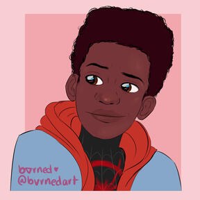 colour drawing of miles morales from the shoulders up, wearing a red hood and jean jacket.