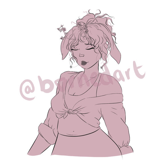 a lineart drawing of a girl with her eyes closed, messy curly hair and a scarf tied into her bun.