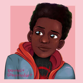 fully rendered drawing of miles morales from the shoulders up, wearing a red hood and jean jacket.