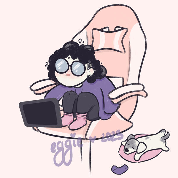 me !! featuring king louis a doodle of a person sitting on a pink and white gaming chair. they are stylised with big round glasses and bubbly dark hair. they are hunched over a drawing tablet. a derpy jack russell is sleeping on the floor beside the chair.
