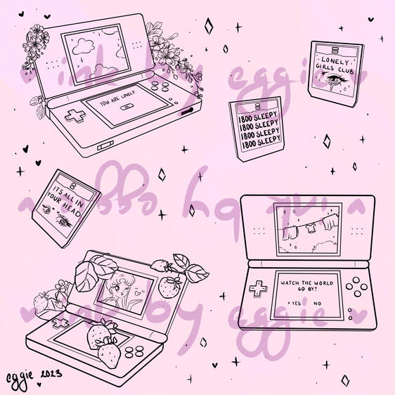 nintendo ds themed flash sheet, including three angles of the console and three game cartridges