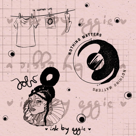 everything everywhere all at once flash sheet including jobu portrait, washing line, and bagel symbol captioned 'NOTHING MATTERS'.