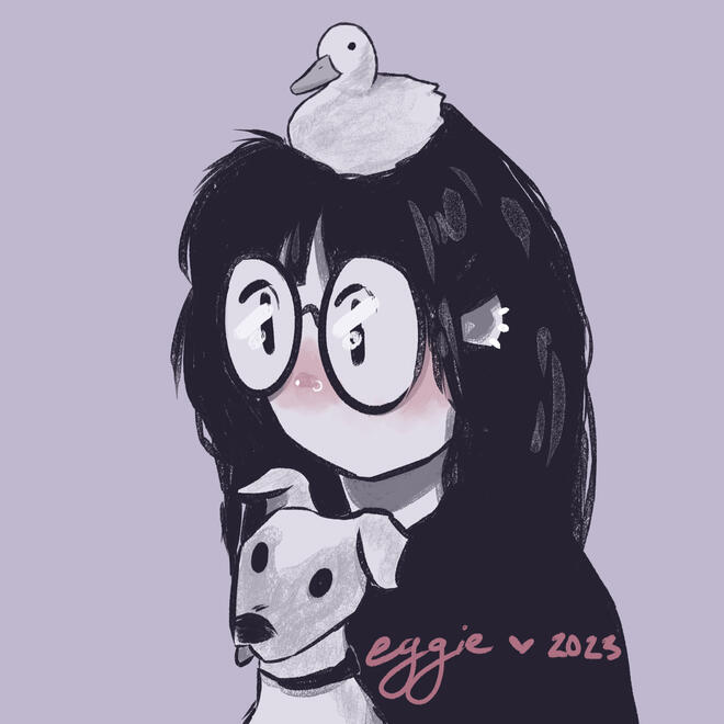 a doodle of a person from the shoulders up, with dark hair, round glasses, and ear and nose piercings. there is a chicken nestled on top of their head and a dog under their chin.