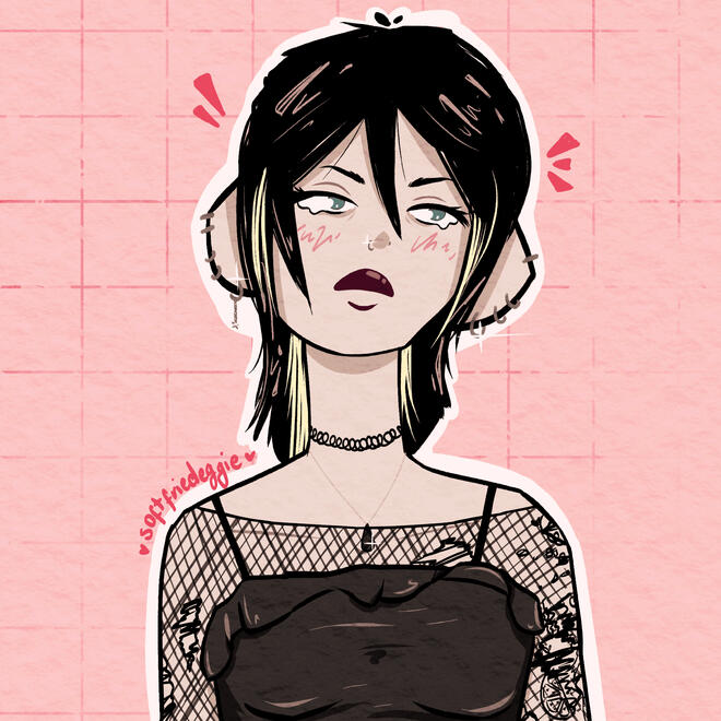 a doodle of a person from the shoulders up, with black hair with blond streaks and ear and nose piercings. they have dark red lipstick on and they are wearing a black top with a fishnet shirt underneath.
