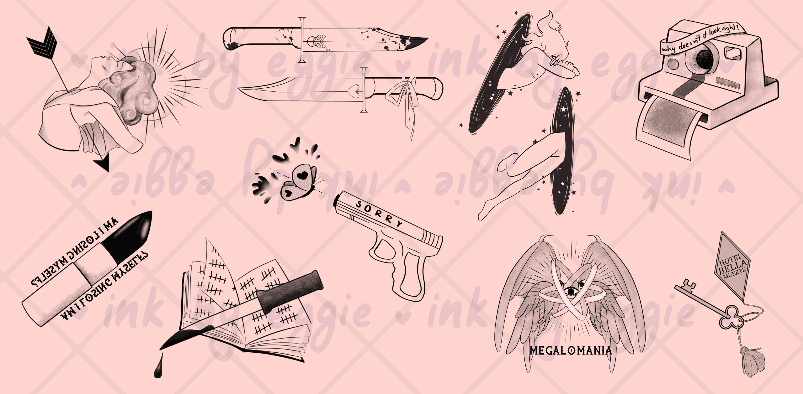a header filled with several black ink tattoo designs. there is an angel, a lipstick tube, a pair of knives, a gun shooting a butterfly, a book filled with scratches with a knife over it, a girl flying through a portal, a biblically accurate angel, a polar