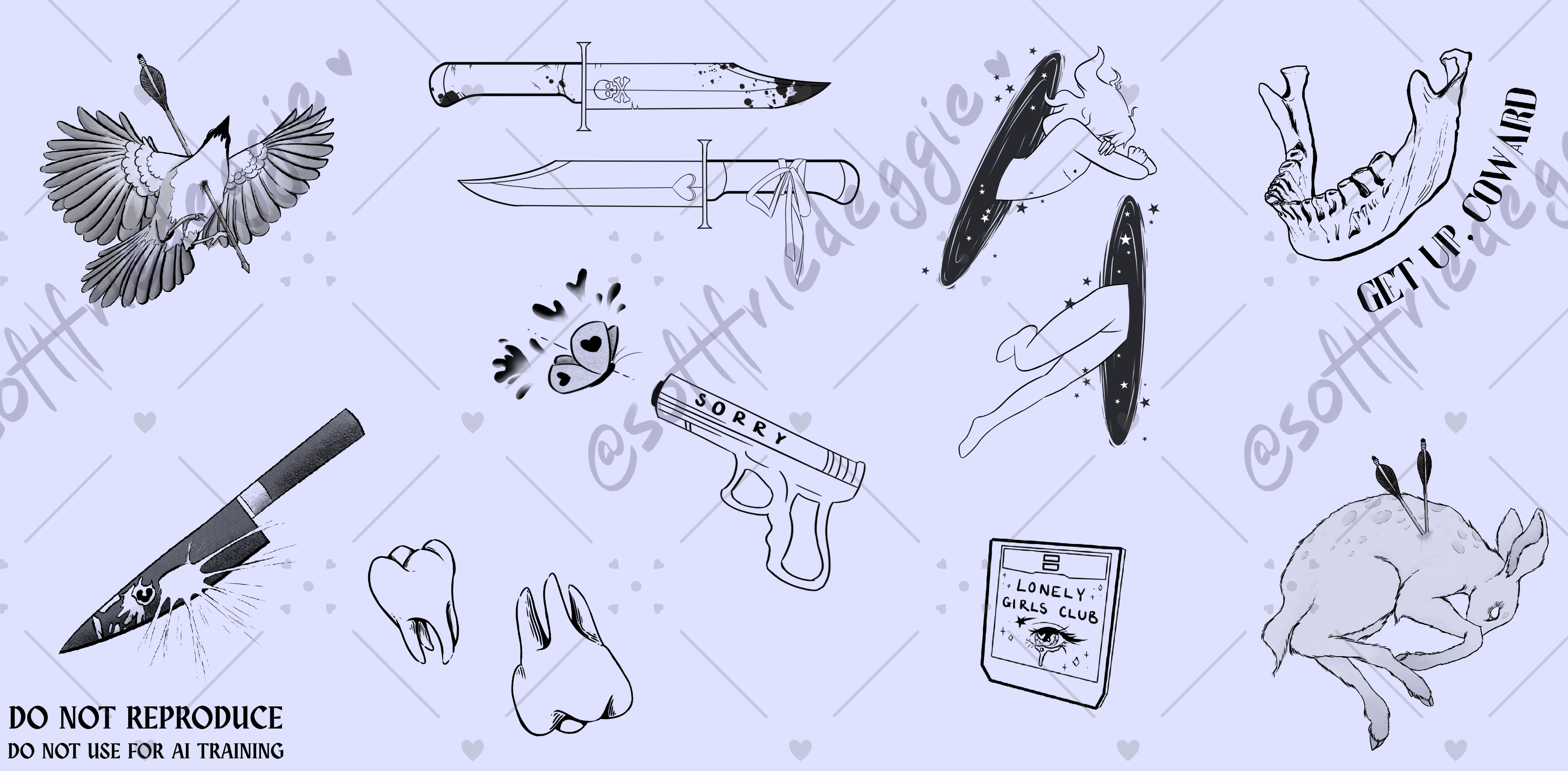 a header filled with several black ink tattoo designs. right to left, top to bottom: a bird shot by an arrow, a pair of knives, a girl flying through a portal, a lower jaw bone with the text 'GET UP, COWARD', a knife reflecting Frank the Bunny from Donnie